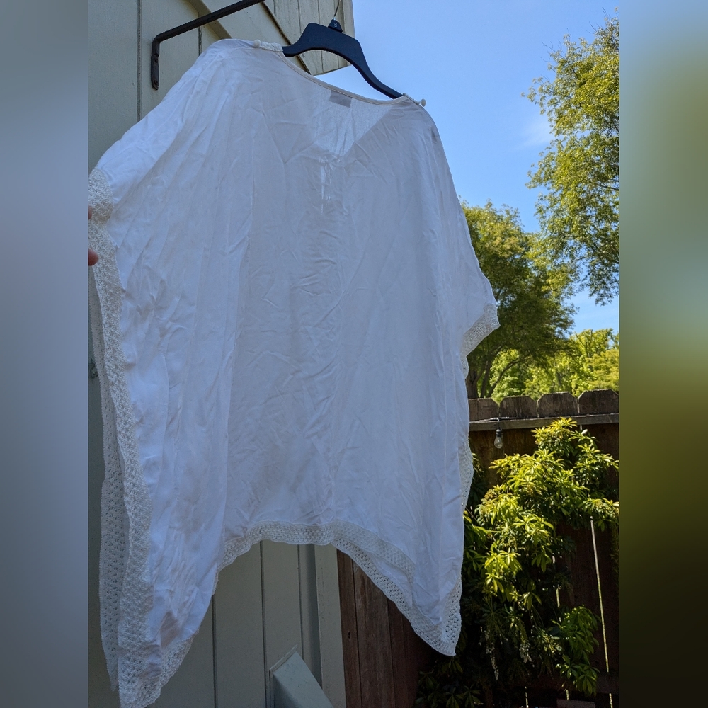 Flowing White Blouse or Swim Cover-Up w/ Crochet Details - Picture 3 of 7